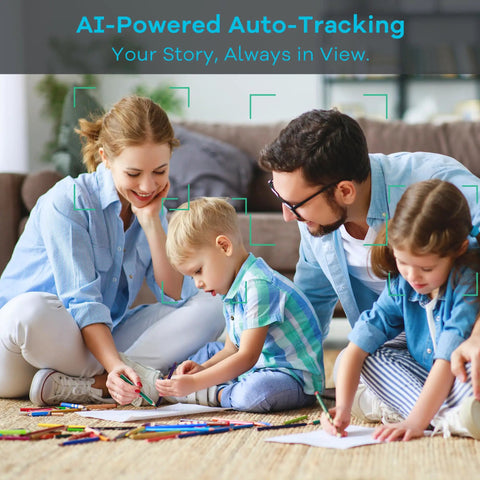 Family using Plug And Play AI Auto Tracking PTZ Conference Camera System in living room.