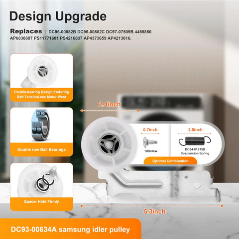 Upgraded Dryer Repair Kit With Roller Replacement, Idler Pulley, And Belt For DV40J3000EW A2 showing design upgrade features