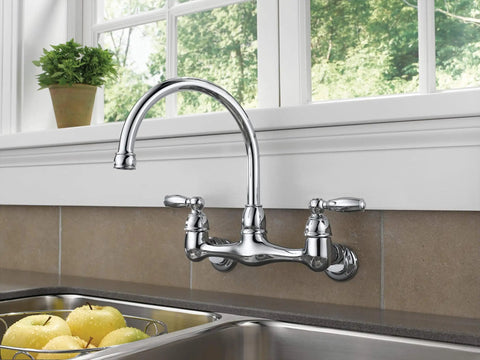 Two-Handle Wall Mount Kitchen Sink Faucet In Chrome With High Arc Spout Easy Install For 2-Hole 7 To 9 Inch Center Hole Spacing Durable Chrome Finish Fits 2-Hole Config Lifetime Limited Warranty Modern Kitchen Upgrade