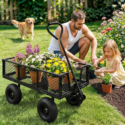 Man and child gardening with Beefy Heavy Duty Garden Wagon Cart With 880 Lb Capacity And All Terrain Solid Wheels 10 Inch Tires.
