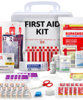 Front view of 10-person first aid kit in white portable case, fully stocked with dressings and bandages.