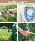 Various uses of a Garden Hose Repair Kit 3 Sets Aluminum Male And Female Fittings With Zinc Clamps And Red Rubber Washers For Three Quarter Inch And Five Eighth Inch Hoses in garden scenes.