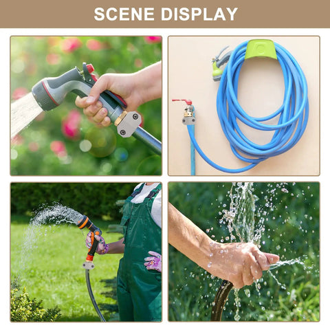 Various uses of a Garden Hose Repair Kit 3 Sets Aluminum Male And Female Fittings With Zinc Clamps And Red Rubber Washers For Three Quarter Inch And Five Eighth Inch Hoses in garden scenes.