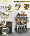 Power Tool Organizer Rolling Cart For Garage Storage And Workshop Organization Tool Rack And Drill Holder Shelving On Wheels Open Tool Chest Pegboard System Ideal Dad Gift For DIY Enthusiasts, with tools on it.