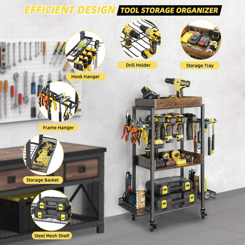 Power Tool Organizer Rolling Cart For Garage Storage And Workshop Organization Tool Rack And Drill Holder Shelving On Wheels Open Tool Chest Pegboard System Ideal Dad Gift For DIY Enthusiasts, with tools on it.