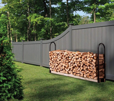 Heavy Duty Firewood Log Rack Kit With Adjustable Bracket For Indoor Or Outdoor Use, 42 inch tall, holding wood by a fence