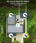 Top view of home layout with Solar Outdoor Security Cameras Wireless 4 Camera Kit 4MP System and visible deterrence zones.