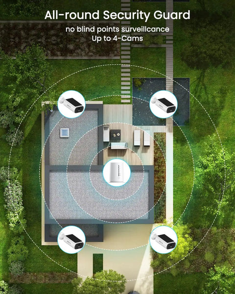 Top view of home layout with Solar Outdoor Security Cameras Wireless 4 Camera Kit 4MP System and visible deterrence zones.