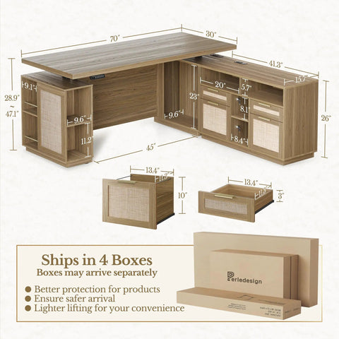 70 Inch L Shaped Electric Standing Desk With Heavy Duty Steel Frame And Smooth As Silk Height Adjustments Features Four Smart Memory Presets Built In File Cabinet AC USB Charging Ports Privacy Panel For An Ultimate Game Changer Workspace In Natural Oak showing detailed dimensions and design.