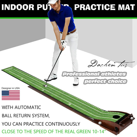 Indoor Putting Green Mat For Home Office And Outdoors With Automatic Ball Return Realistic 10 To 14 Yard Roll shown with golfer