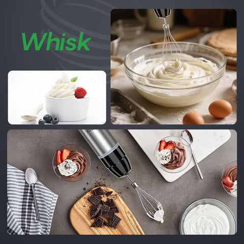 Pro Level 500W Immersion Hand Blender Kicked Up With 12 Variable Speed Settings Plus Turbo Boost Option And Reliable 4in 1 Kitchen Wand mixing whipped cream and chocolate desserts.