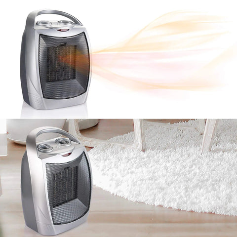 Ceramic Space Heater Heats Up Fast For Up To 200 Sq Ft With 1500W And 750W Settings shown in sleek silver design, emits warm air.