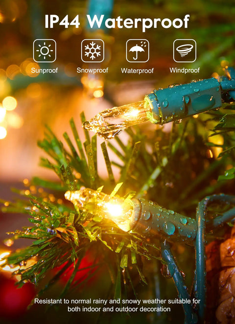 Clear Christmas String Lights 50 Count 10 Feet Incandescent Mini Bulbs Indoor Outdoor Xmas Tree Garland Birthday Wedding Party Festival Decoration Green Wire Soft Warm White Glow For Cozy Vibes close-up on tree highlighting waterproof feature