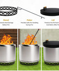 Smokeless Fire Pit Accessories Set For Outdoor Hangouts And Backyard Chill, 17 Inch Carbon Steel Base, 36 Inch Poker, 20 Inch Lid With Wood Handles