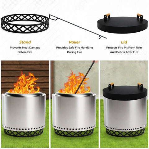 Smokeless Fire Pit Accessories Set For Outdoor Hangouts And Backyard Chill, 17 Inch Carbon Steel Base, 36 Inch Poker, 20 Inch Lid With Wood Handles