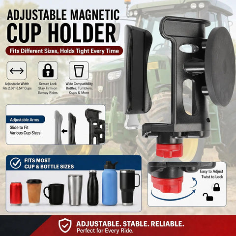 Heavy Duty Magnetic Cup Holder With 88 lb Grip, 12 Neodymium Magnets, Adjustable 2.36 to 3.54 Inch Diameter, Secure Drink Holder For Tractors