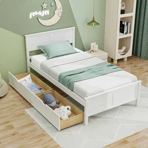 Solid Wood Twin Platform Bed With Two Smooth Rolling Storage Drawers And A Clean White Headboard in a cozy kids' bedroom setup.