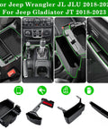 Center Console Organizer Kit For Jeep Wrangler JL JLU And Gladiator JT 2018 2023 4 Piece Set installed in vehicle interior