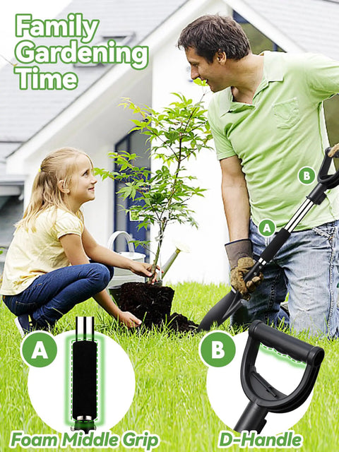 Family gardening with Heavy Duty Garden Shovel With D-Handle, 31-Inch Steel Spade With Sharp Round Point And Comfort Grip