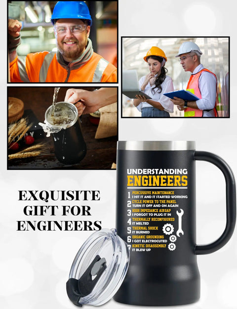 24oz Stainless Steel Beer Stein Tumbler With Lid For Engineers And Gearheads, Double Wall Vacuum Insulation Keeps Beer Ice Cold Or Coffee Hot, Funny Gift For Men Dad Uncle Coworker, Engineering Themed Gag Gift with text and lid
