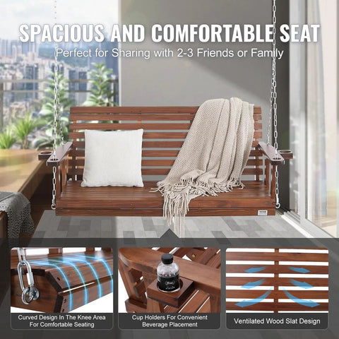Wood Porch Swing 5.5Ft With Heavy Duty 880 Lb Capacity For Outdoor Patio Garden Hangout Built To Last Durable Fir Wood With Galvanized Chains Weatherproof Brown shown installed with cushion and throw blanket.
