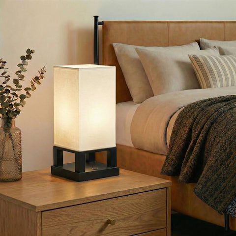 Maxwell Bedside Lamp With USB Port For Bedroom And Living Room Cozy Wood Frame Nightstand Light On Wooden Table