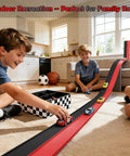 Kids playing with Flexible 15 Ft Race Track Starter Set With Strong Suction Cups For Kids 3 Plus indoors on the floor