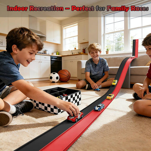 Kids playing with Flexible 15 Ft Race Track Starter Set With Strong Suction Cups For Kids 3 Plus indoors on the floor