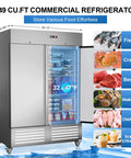 Badass Heavy Duty Upright Commercial Refrigerator Featuring 49 Cubic Feet Cooling Capacity And Durable Fingerprint Resistant Steel Shelves For Busy Kitchens, showcasing open doors with food storage.