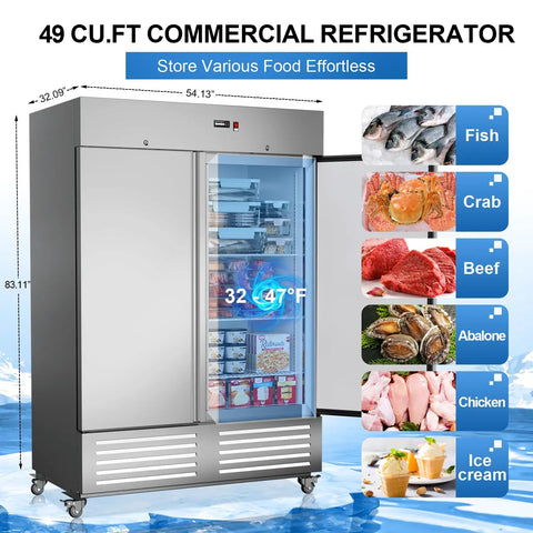 Badass Heavy Duty Upright Commercial Refrigerator Featuring 49 Cubic Feet Cooling Capacity And Durable Fingerprint Resistant Steel Shelves For Busy Kitchens, showcasing open doors with food storage.