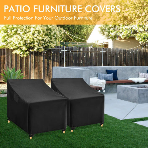 Waterproof Outdoor Chair Covers 2 Pack, Heavy Duty Black Patio Furniture Protectors Built To Last For Wicker Garden Sofa Chairs, shown on patio