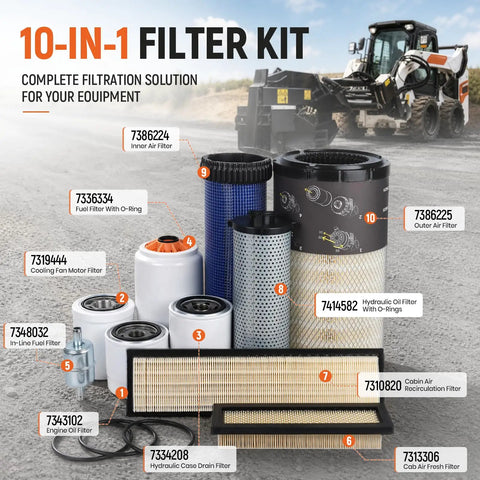 Essential 10 In 1 Maintenance Filter Kit For Bobcat Skid Steer Loaders with various filters arranged neatly for easy overview.