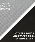 Close-up of Professional Toolbox Drawer Liner Gray Non Slip Foam Rubber Mat With Easy Cut Grid Lines For Measuring And Cutting Thick Cabinet Liner Seventeen And Three Eighths Inch Wide 24 Feet Long, showing textured surface comparison.