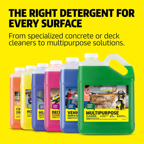 Five colorful detergent containers with labels for concrete, deck, vehicle, and multipurpose cleaning against a yellow background.