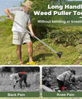 Person using Long Handle Weed Puller Pro 2 In 1 Garden Weeding Rake And Garden Hoe For Uprooting Grass Dandelions Gardenias 57 Inch Manual Weeder For Yard Lawn And Garden