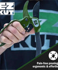 Heavy Duty Ratcheting Pruning Shears For Effortless Garden Cuts Up To 1.5 Inches in hand, SK5 steel blades visible