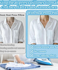 Comparison of ironing with and without heat press pillow, illustrating benefits of the All In One Three Pack Heat Press Pillow Mats Set.