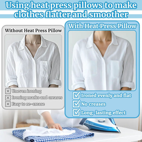 Comparison of ironing with and without heat press pillow, illustrating benefits of the All In One Three Pack Heat Press Pillow Mats Set.