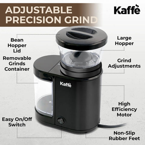 Level Up Your Coffee Game With This Heavy Duty Electric Flat Burr Grinder Crafted For Home Bars Featuring Fast Grind Adjustments And A Sleek Matte Black Housing displaying adjustable grind settings and removable grind container.