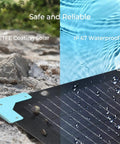 Image of a 120W Foldable Solar Panel With Adjustable Kickstand And Integrated Carry Handles For Road Trips Camping RV And Fishing 22 Percent PERC Monocrystalline Cells With ETFE Cover And IP67 Weatherproof Build showing water-resistant ETFE surface.