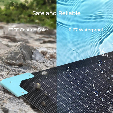Image of a 120W Foldable Solar Panel With Adjustable Kickstand And Integrated Carry Handles For Road Trips Camping RV And Fishing 22 Percent PERC Monocrystalline Cells With ETFE Cover And IP67 Weatherproof Build showing water-resistant ETFE surface.