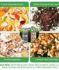 Metal Worm Compost Bin Set For Outdoor Gardens And Kitchen Waste Recycling with fruit scraps, coffee grounds, eggshells, leaves, silvery finish.