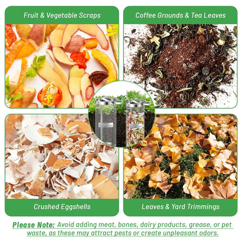 Metal Worm Compost Bin Set For Outdoor Gardens And Kitchen Waste Recycling with fruit scraps, coffee grounds, eggshells, leaves, silvery finish.