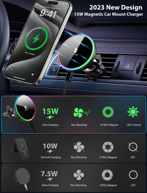 MagSafe Wireless Car Charger Mount With RGB LED Magnetic Phone Holder for Dash or Air Vent 15W Fast Charge