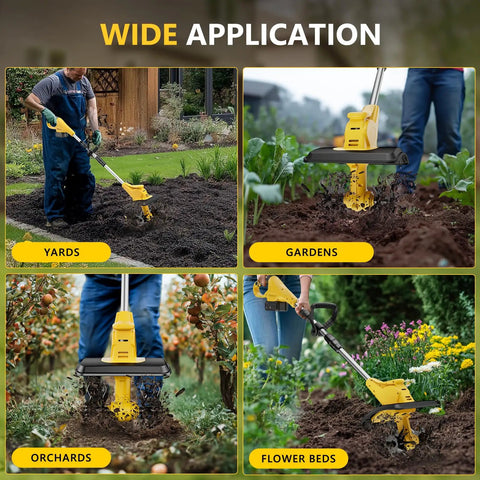 21V Cordless Tiller Cultivator With Two 3.0Ah Batteries And Fast Charger shown in yard, garden, orchard, flower bed