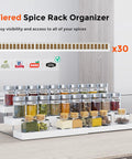 Three Tier Expandable Spice Rack Organizer For Cabinet And Countertop Fully Adjustable Width Design Dead Simple Pantry Layout White Matte Finish with visible spice jars.