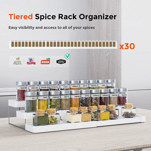 Three Tier Expandable Spice Rack Organizer For Cabinet And Countertop Fully Adjustable Width Design Dead Simple Pantry Layout White Matte Finish with visible spice jars.