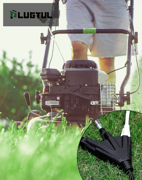 25 Ft Outdoor Extension Cord With Three Outlets, 14 Gauge SJTW Weatherproof Power Cable in use with lawn mower