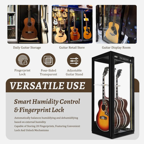 Premium Guitar Display Case With Humidification And Constant Temperature Control, Smart Touch And Fingerprint Lock. Versatile Use Overview