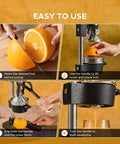 Cast Iron Manual Citrus Juicer Heavy Duty Orange Press Professional Bar Quality Hand Squeezer showing juicing steps with orange.